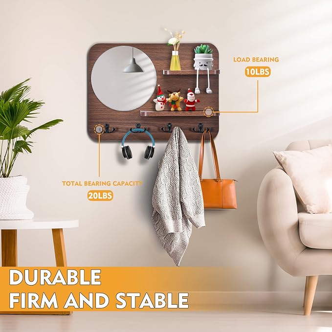 Coat Rack with Shelf Rustic Wooden Wall Mounted Hanging Coat Rack with Mirror Shelves and 4 Double Hooks Decorative Entryway Hook Shelf for Hallway Living Room Bedroom 16"x12" (Brown S)