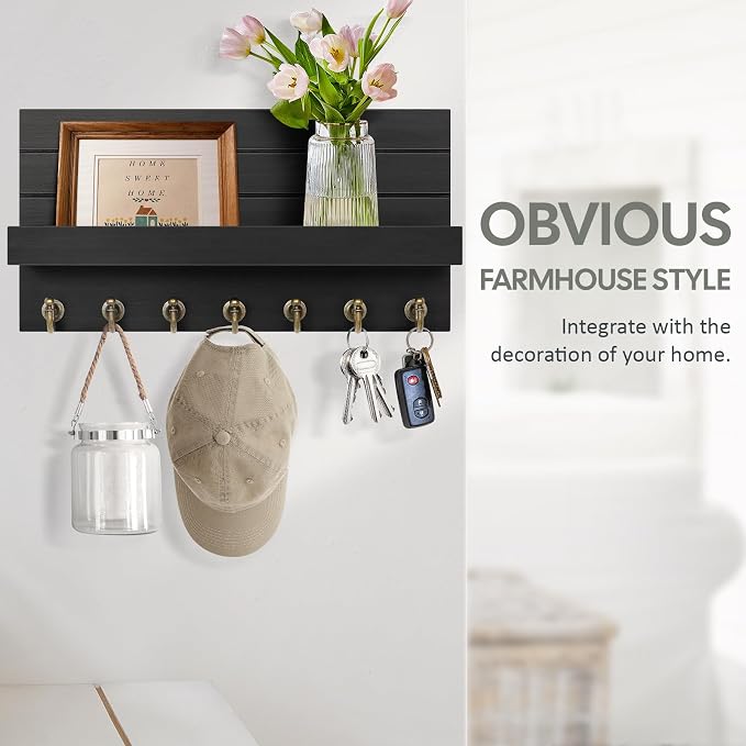 HONJIN Key Holder for Wall: Upgraded 7 Sturdy Key Hooks Easy Installation Mail Organizer Wall Mount Hanging Key Rack for Kitchen and Entryway Decor