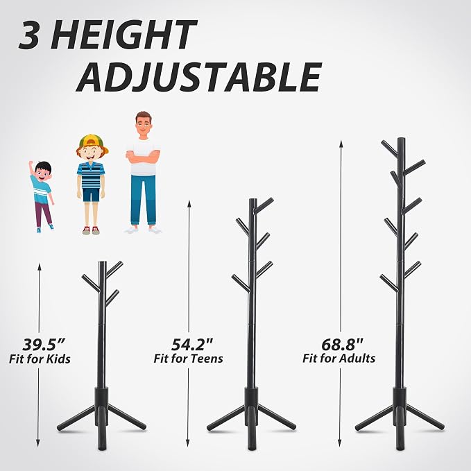 Unisakey 8-Hook Freestanding Wooden Coat Rack 3 Adjustable Heights Black | Stable Triangular Base for Safety,Durable Construction,Simple Tool-Free Assembly,Ideal for Bedroom Hallway Office Entryway
