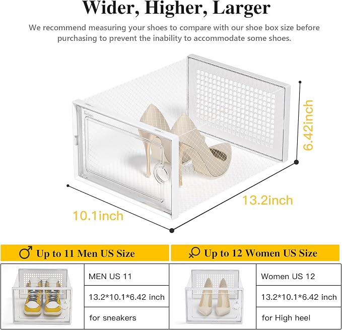 Kuject X-Large Shoe Storage Boxes 12 Pack, Clear Stackable Shoe Organizer | Shoe Case for Closet, Entryway & Under-Bed Storage, Drop-Front Design, Space-Saving Solution for Family Organization,White