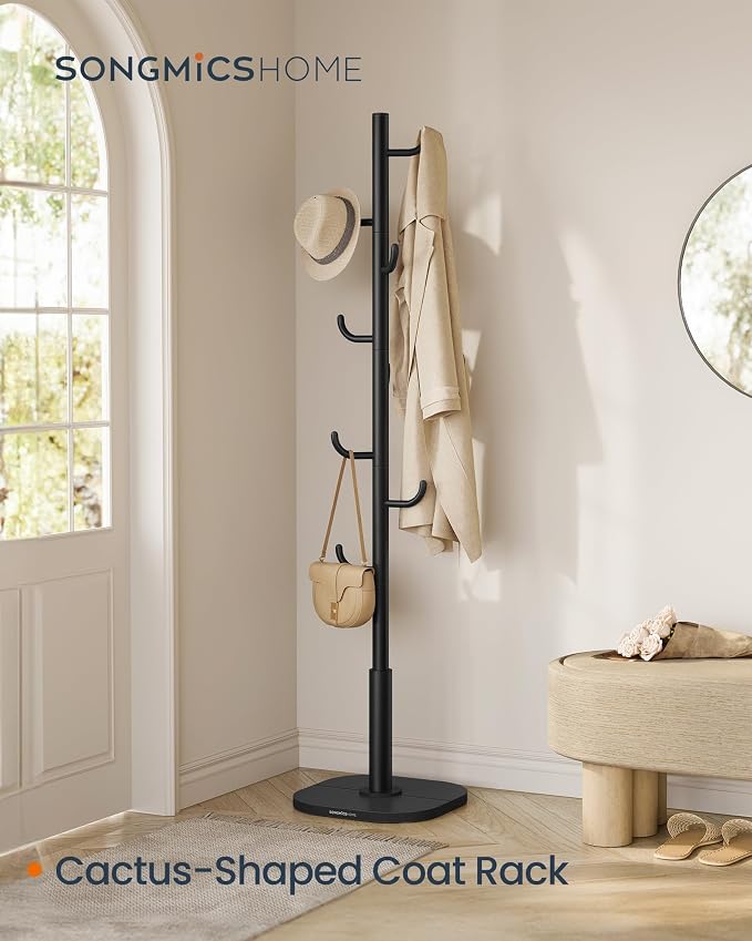 SONGMICS HOME Cactus-Shaped Coat Rack, Freestanding Coat Tree, Coat Hanger Stand with 8 Sturdy Hooks, with Curved Ends, for Clothes, Hats, Bags, Ink Black URCR039B01