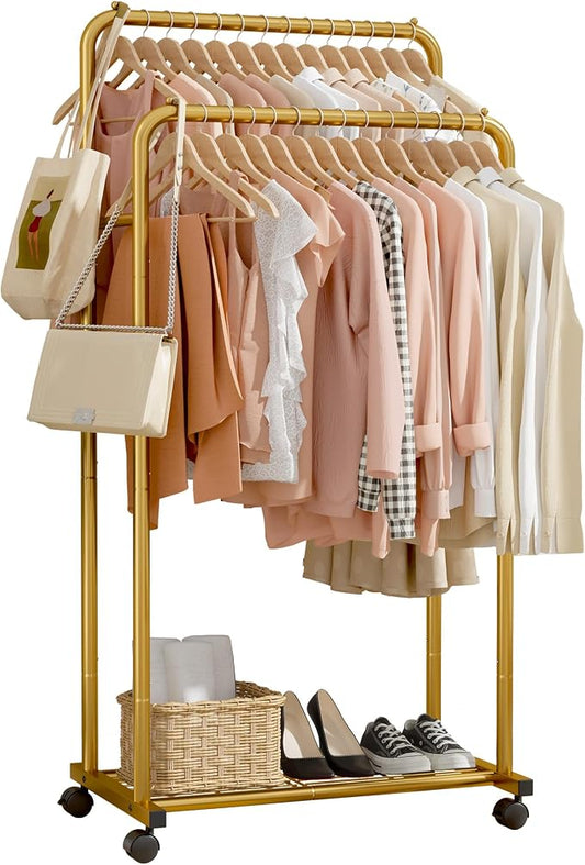 Sakugi Clothes Rack - Clothing Rack with Storage Mesh Shelf & Casters, Heavy-Duty Metal Clothing Rack for Hanging Clothes, Dresses, Coats, Large Load Capacity, Easy Assembly, Gold, 28.0"x16.0"x59.0"