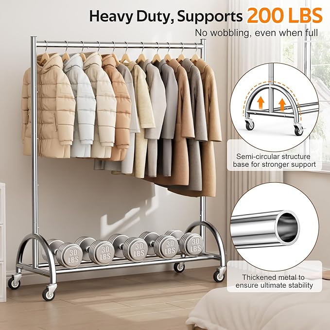 MISSLO Heavy Duty Clothing Rack with Wheels Rolling Clothes Racks for Hanging Clothes, Coats, Garment, Dress, Silver