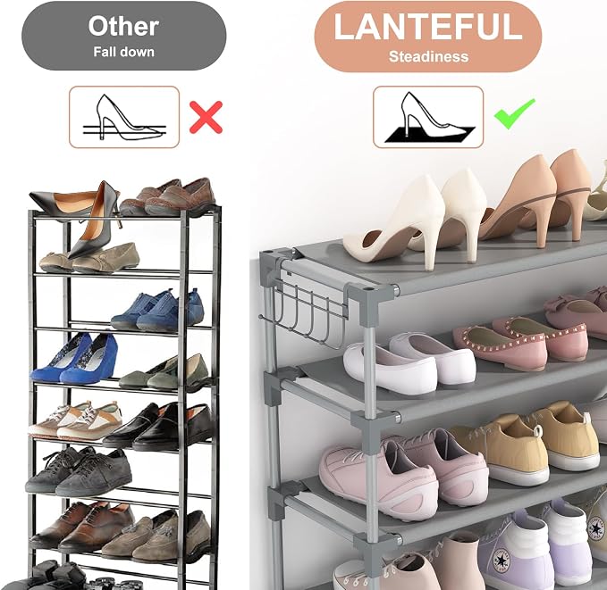 LANTEFUL 10 Tiers Shoe Rack 50 Pairs Large Capacity Tall Shoe Organizer Sturdy Shoe Storage with Two Hooks Space Saving Metal Wide Shoe Rack for Closet, Entryway, Bedroom, Grey