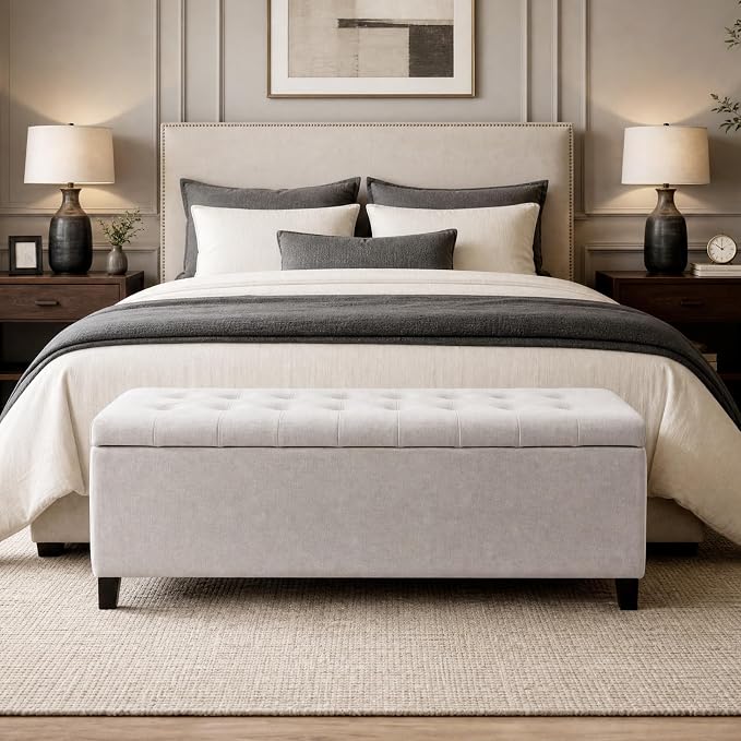 Madison Park 49" Upholstered Storage Bench, Button Tufted End of Bed Bench with Storage, Dual Spring Soft-Close Lid, Bedroom Bench for Queen King Bed, Entryway Living Room, Natural