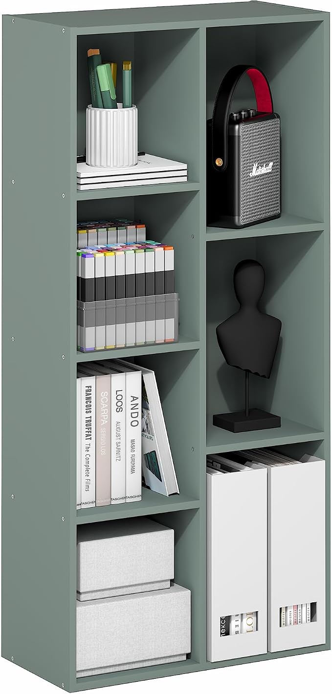 Furinno LUDER Book Shelf, 7-Cube Bookshelf, Bookcase with Open Shelves, 9.4 x 19.5 x 41.7, Easy Assembly, for Living Room, Bedroom, Home Office, Sage Green
