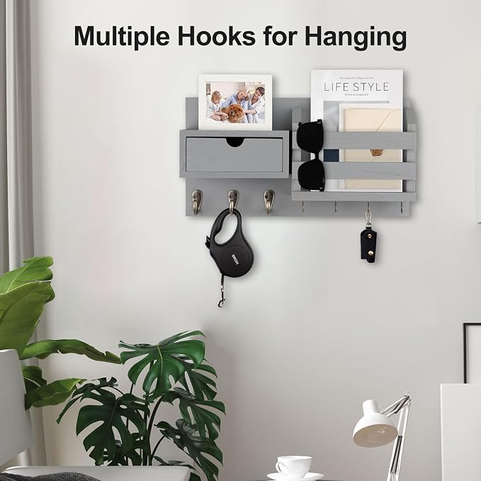 Lwenki Wall Mount Key Holder with Mail Organizer, 100% Paulownia Wood, 7 Metal Hooks, Storage Drawer, Entryway Home Decor (Gray)