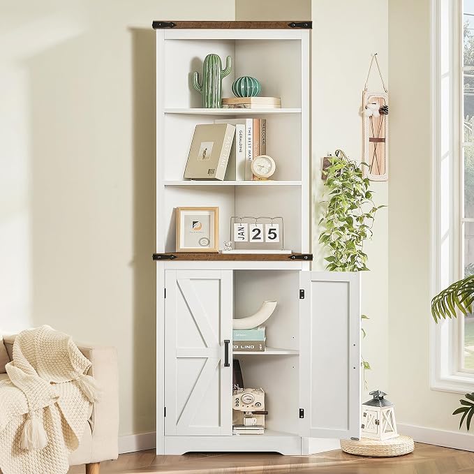 Farmhouse Corner Cabinet, 70" H Tall Corner Hutch with 5 Shelves & 2 Barn Doors, Bathroom Cabinet with Adjustable Shelf, for Living Room, Kitchen, Bathroom, White