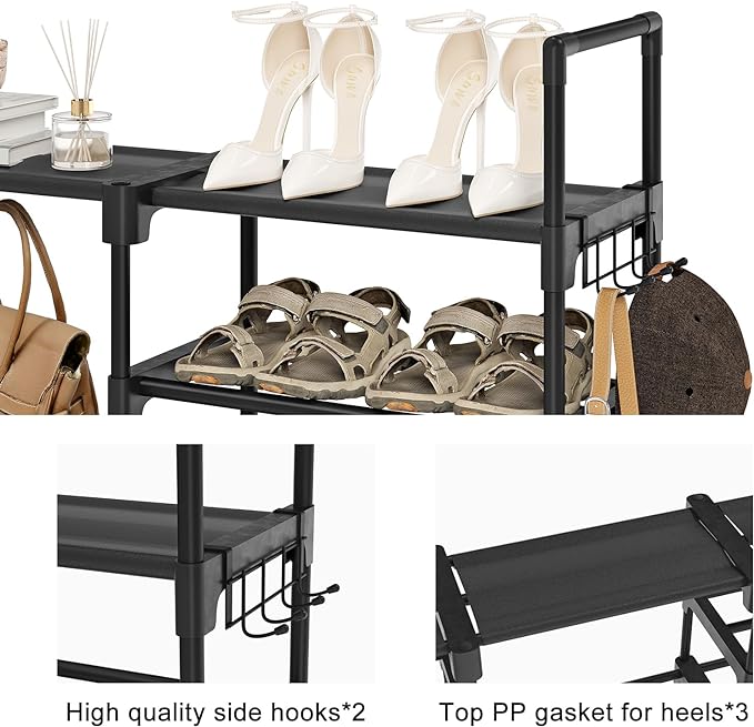WOWLIVE 9 Tier 3-Column Shoe Rack, 50-55 Pairs Stackable Black | 50in long for larger entryways. Removable shelves fit tall boots. Split into multiple units for garage/closet.