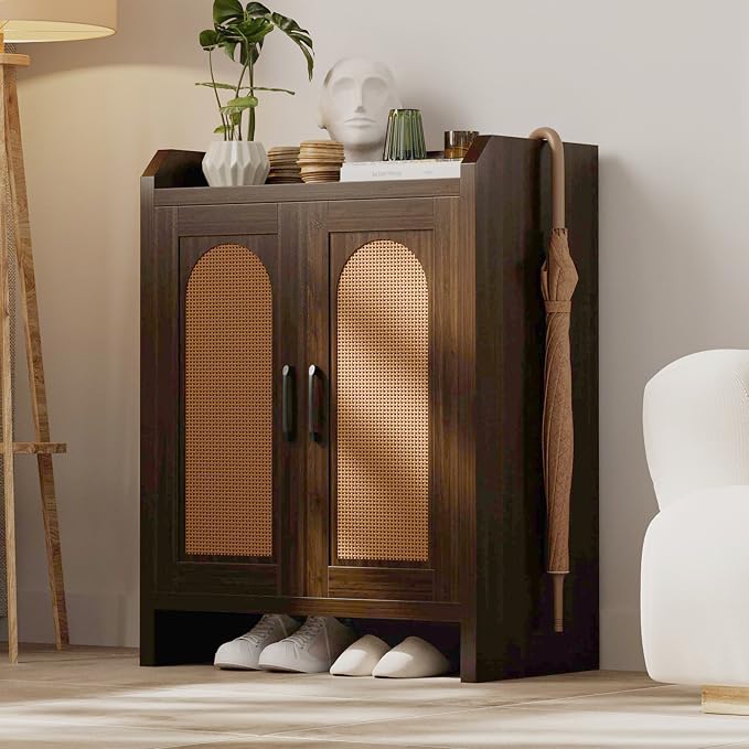 Shoe Cabinet Storage for Entryway, Natural Rattan Storage Cabinet, Wooden Shoe Rack, Farmhouse Boho Wood Shoe Organizer Cabinet for Hallway Walnut
