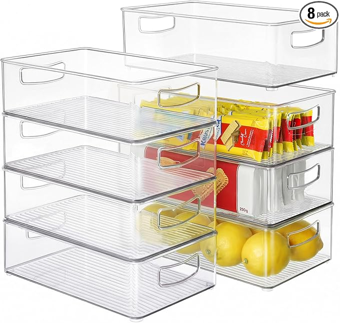 Heyuzb Set of 8 Clear Fridge Organizer Bins, Stackable Refrigerator Organizers and Storage for Fridge, Freezer, Pantry, BPA Free