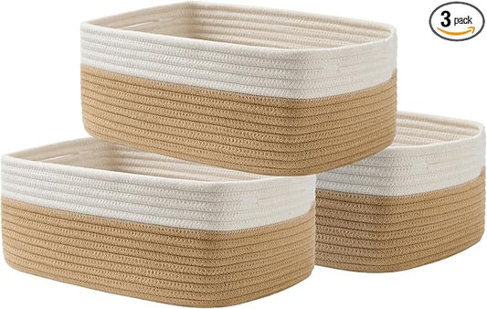 KALLAX Small Woven Storage Basket for Organizing, 13.5x9.5x5 inches, 3 Pack | Shelf baskets for closet organization, toy storage and home decor, Perfect as empty gift baskets for holidays, White & Brown