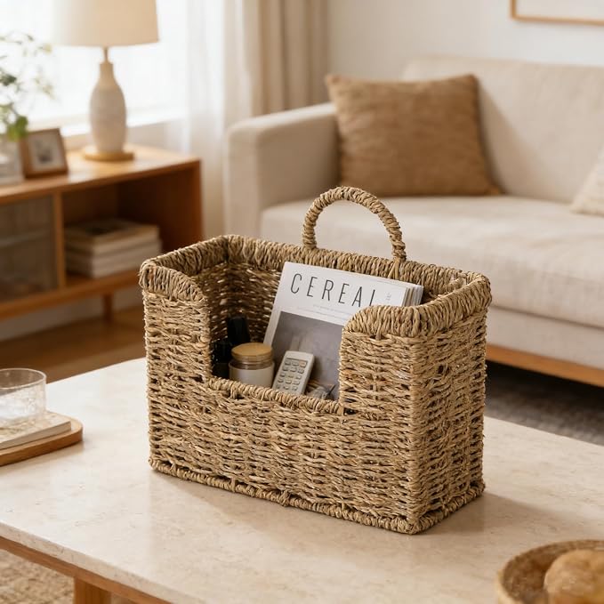 Hanging Magazine Basket, Woven Wall Magazine Holder Organizer with Handle for Mail, Files, Books - Water Hyacinth Farmhouse Storage Rack for Bathroom, Kitchen, Office (1, Sea Grass)