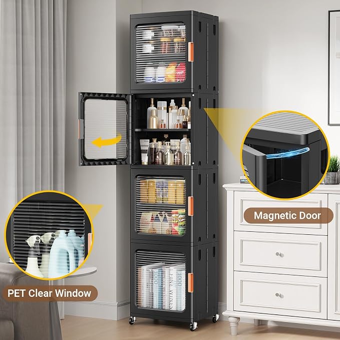 BROVIEW 3-Tier Tall Narrow Storage Cabinet 14.6” Wide, Slim Bathroom Cabinets with Adjustable Shelves and Doors, Plastic Kitchen Pantry Organizers and Storages for Small Space, Laundry, Black
