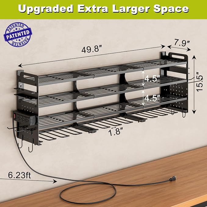 Power Tool Organizer Wall Mount, 12-Drill 4-Tier Charging Station, Black | Heavy-duty 4-Tier Metal Rack Stores 12 Drills; Side Pegboards and Screwdriver Slots Add Storage, Plus a 4-Outlet Power Strip