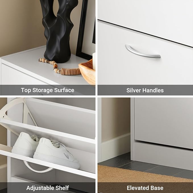 Haotian White Shoe Cabinet Entryway | Freestanding Shoe Rack with 3 Flip Drawers, Shoe Storage Cupboard Organizer for Entrance Hallway, FSR110-W