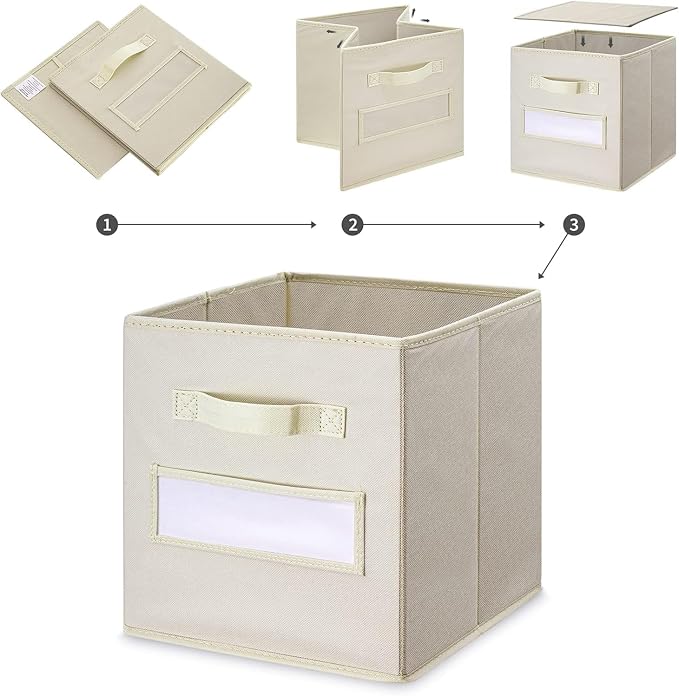 13x13x13 storage cube bins (Set of 10) Fabric storage cubes with 10 Labels Window Cards & a Pen, storage cubes 13x13, Collapsible 13 inch cube storage bins, Cubby Organizer Boxes, Beige