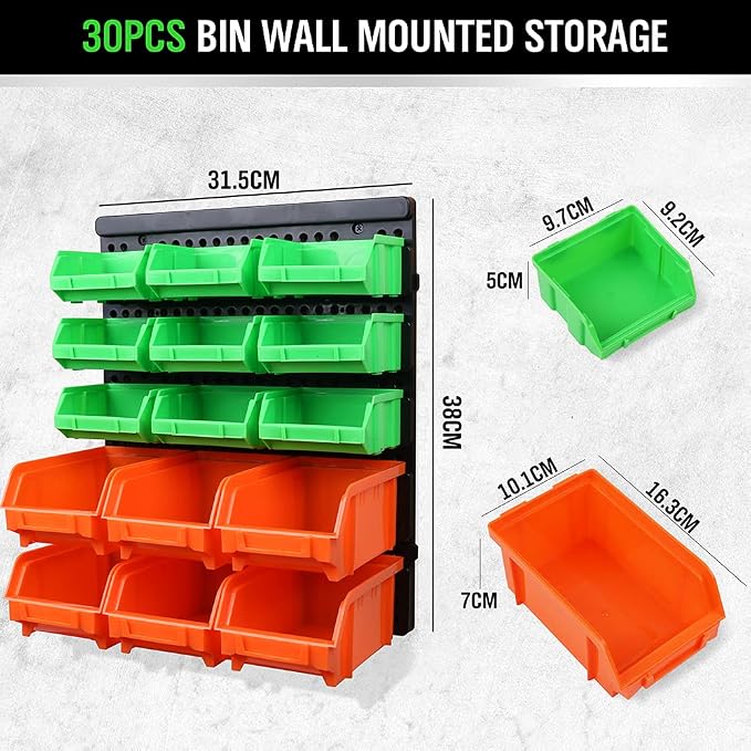 30-Bin Wall-Mounted Storage Bins, Heavy-Duty Garage Tool Organizer for Screws, Nuts, Bolts, Nails, Small Hardware Parts - Easy Installation and Customizable
