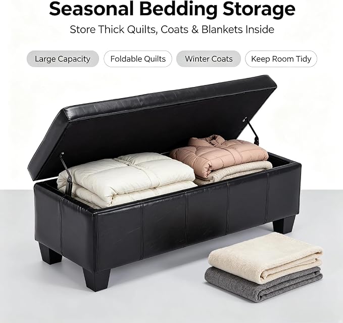 41.5 Inch Black Faux Leather Storage Ottoman Bench with Slow-Close Hinge | 2.8 cu ft hidden storage,660 lbs weight capacity,solid wood legs,fits entryway bedroom living room
