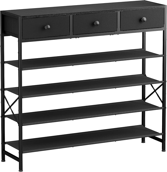 5 Tier Shoe Rack with 3 Drawers Black | Holds 24-30 pairs. 3 drawers for accessories. Fabric shelves keep shoes dust-free. Quick 20-min assembly.
