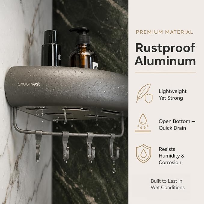 Corner Shower Caddy Adhesive Mount, No Drilling Shower Organizer | 2 Pack, Includes Hooks &Hanging Bar, Rustproof Aluminum, 2 Installation Ways, Wall-Mounted Bathroom Organizer Storage Shelves