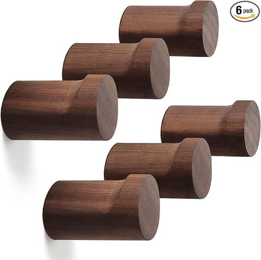 bsdonte Wood Wall Hooks 6 Pack, Natural Wooden Coat Hooks Wall Mounted, Handmade Rustic Hat Hooks Heavy Duty Entryway Wall Hangers for Hanging Towels, Clothes, Bags (Black Walnut Wood)