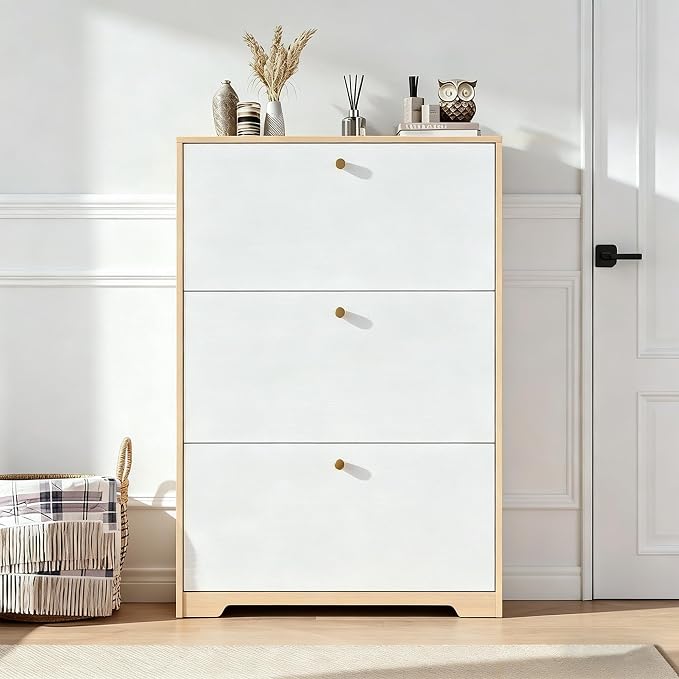 Nicetree Shoe Storage Cabinet with 3 Flip Drawers, Natural Oak and White | Narrow Shoe Organizer, Freestanding Shoe Rack Cabinet, Modern Shoe Storage Cabinet for Entryway, Hallway, Foyer, With Hook