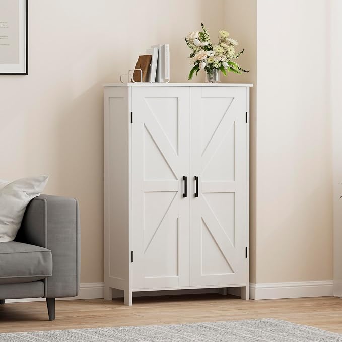 Homleke 43.3" H Farmhouse Bathroom Storage Cabinet with Adjustable Shelves | Freestanding Storage Cabinet with Barn Doors for Bathroom, Kitchen, Living Room, Dining Room & Entryway, White
