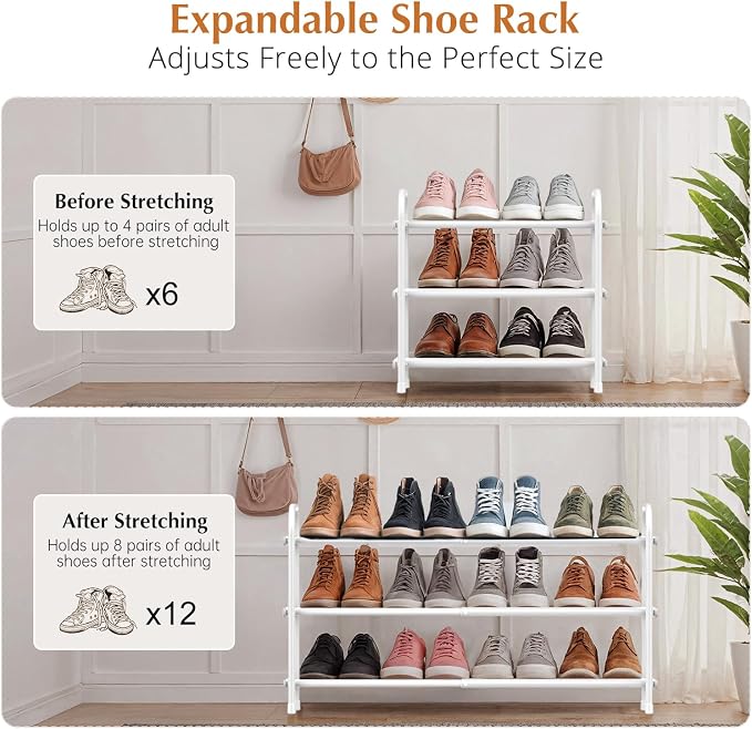 INSMART 3-Tier Expandable Shoe Rack, Stackable and Adjustable Shoes Organizer Storage Shelf, Sturdy and Durable Metal Structure Free Standing Shoe Rack for Closet Entryway Doorway, White