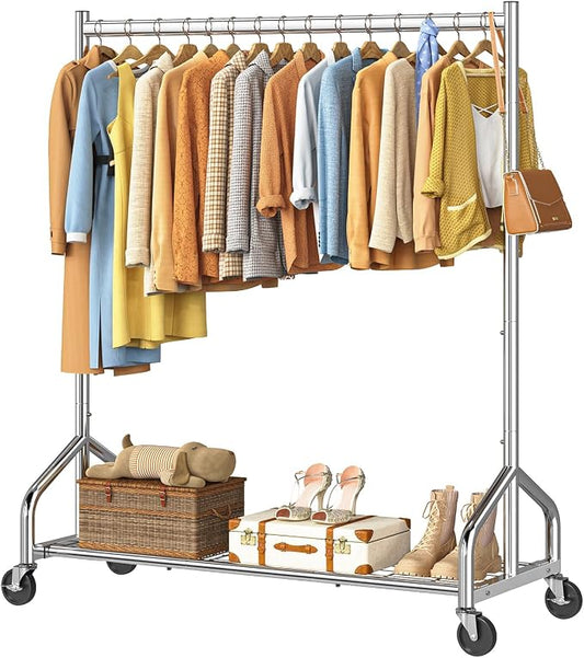 Simple Trending Heavy Duty Clothes Rack, Portable Closet, 420 LBS, Silver | Clothing Rack With Mesh Shelf, Industrial Garment Rack, Wardrobe Closet, 360°Lockable Wheels, for Bedroom, Laundry Room