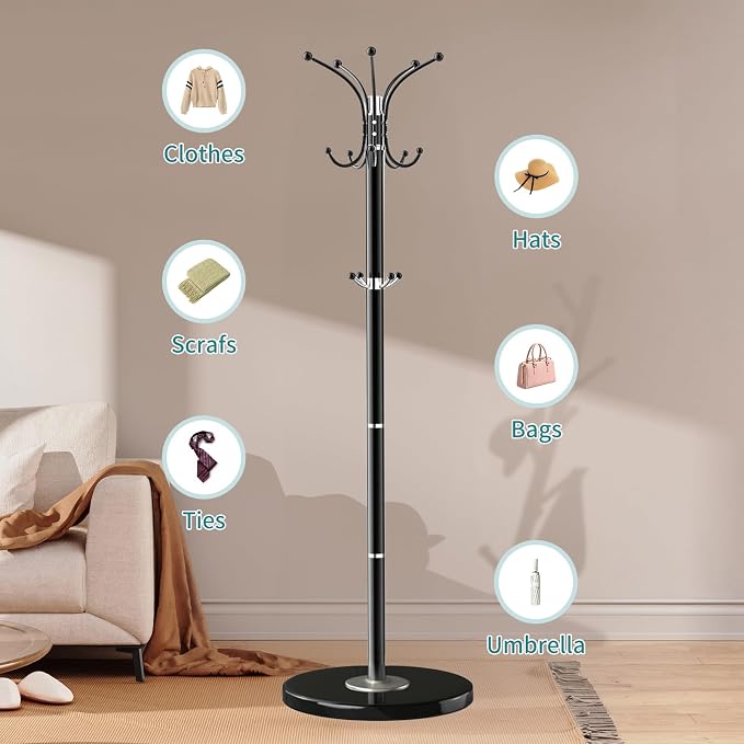 OIRUMIE Coat Rack,360°Rotary Coat Rack Stand,Coat Hanger Stand for Entryway | Metal Coat Rack Freestanding with Natural Marble Base & 14 Hooks,Black Modern Coat Stand, Clothes Hall Stand for Hallway