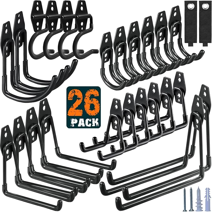 HUPBIPY 26 Pack Garage Hooks Heavy Duty Utility Steel with Anti-Slip Coating Wall Mount Storage Organizer for Hanging Power and Garden Tools, Ladders, Hose, Bikes, Ropes, Bulk Items, and More | Storage Organizer With a non-slip coating for Hanging Bicy...