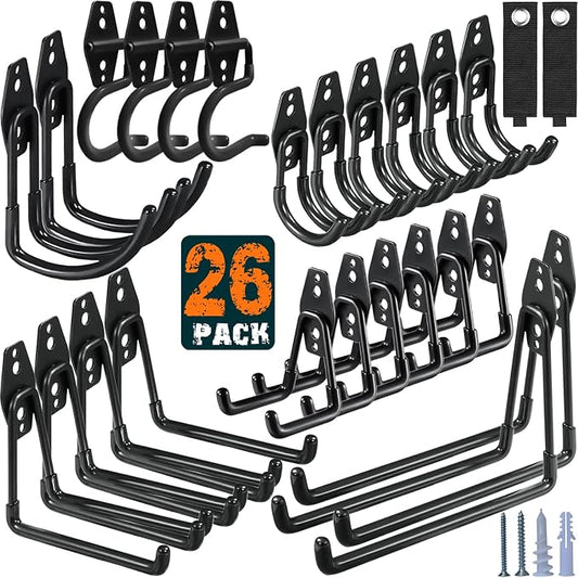 HUPBIPY 26 Pack Garage Hooks Heavy Duty Utility Steel with Anti-Slip Coating Wall Mount Storage Organizer for Hanging Power and Garden Tools, Ladders, Hose, Bikes, Ropes, Bulk Items, and More | Storage Organizer With a non-slip coating for Hanging Bicy...