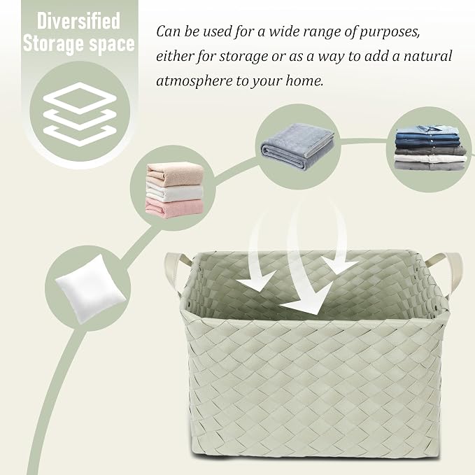 BROWNLILY Handwoven Clothes Basket Laundry Hampers Large Wicker Storage Baskets for Shelves Blankets Closet Storage Bins Car Bedroom Bathroom Organizers and Storage Bath (Pack of 4, Green)