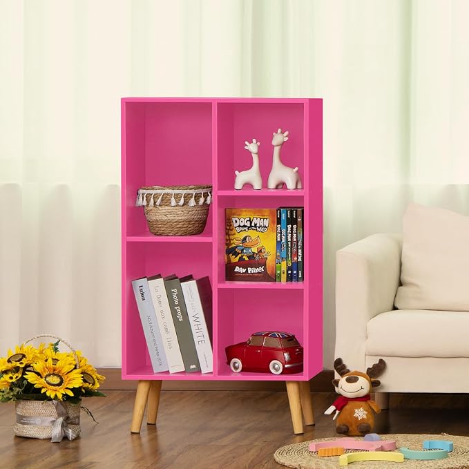 LEYAOYAO 5 Cube Bookshelf, Mid-Century Modern Book Shelf with Legs, Pink | 3 Tier Bookcase, Rustic Wood Bookshelves Freestanding Small Storage Organizer, Open Shelves for Bedroom, Living Room, Office