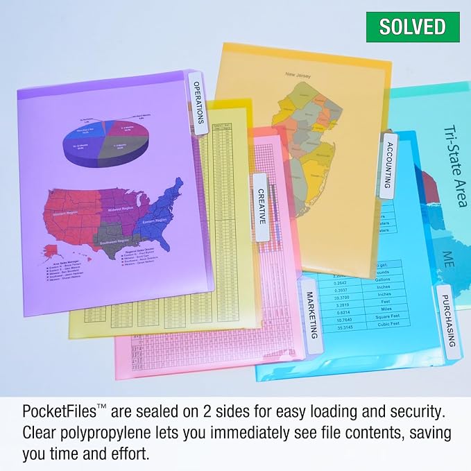 Ultimate Office PocketFile Clear Document Folders, 3rd-Cut, Set of 18 | Clear poly project pockets in 6 assorted colors; letter size; sort, color-code, and protect documents without punching