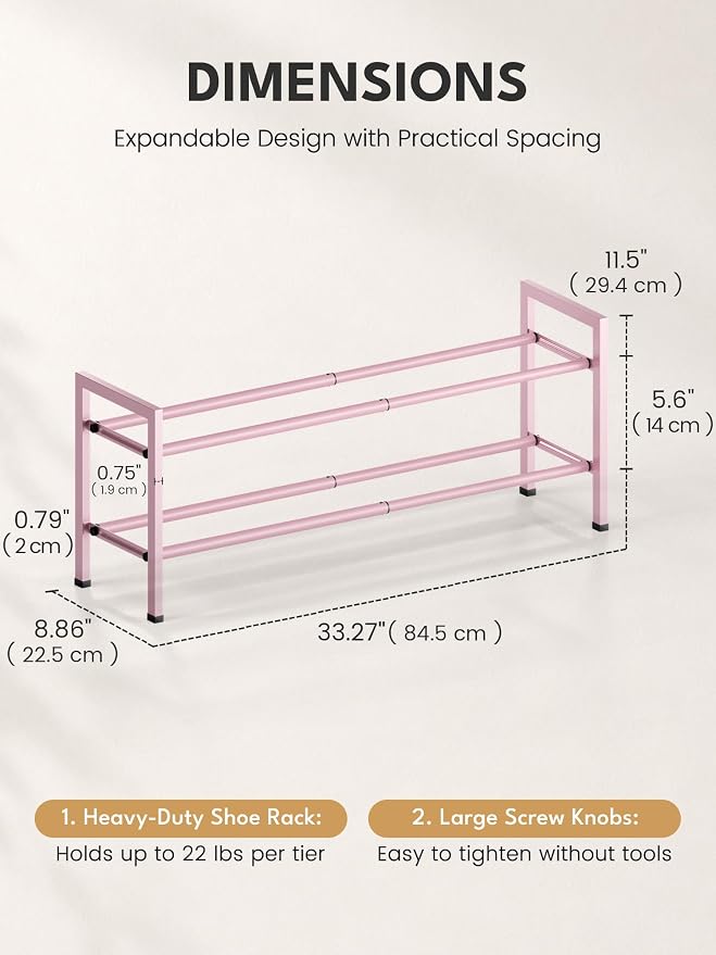 Bumusty 2 Tier Expandable Shoe Rack for Closet, Pink | 18"-33" Adjustable Shoe Rack for Entryway, Small Shoe Organizer for Dorm, Front Door, Sturdy Metal