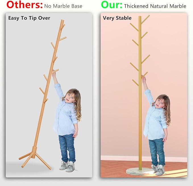 Durmmur Heavy Duty Coat Rack with Natural Marble Base, 8 Metal Hooks, Gold | Freestanding Coat Rack, Adjustable to 39, 54 or 70 in, Metal Coat Tree for Coats, Bags & Hats in Entryway, Bedroom & Office