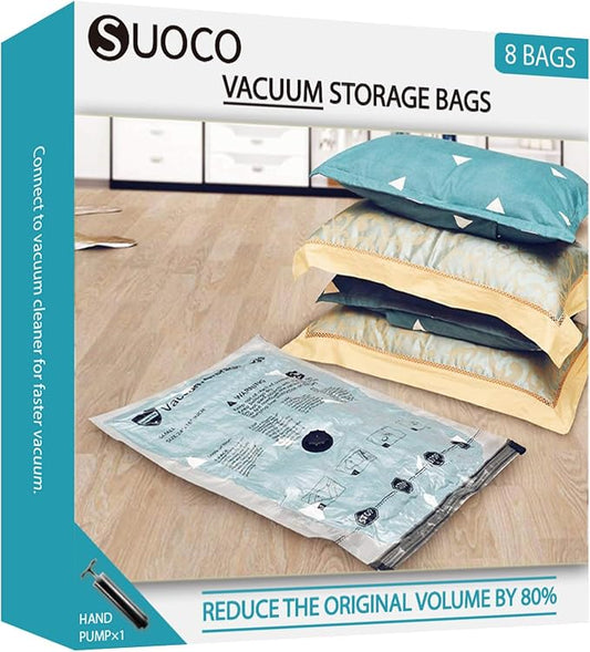 Vacuum Storage Bags, Compression Packing Space Saver Seal Bags for Clothing Bedding Comforters Blankets Pillows, 8 Combo