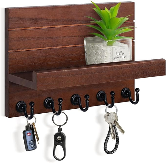 HONJIN Mail and Key Holder for Wall: Easy Installation Modern Mail Holder Wall Mount Key Shelf for Hallway Living Room House Decoration (Brown)