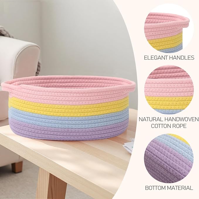 JMvicyroam Small Woven Basket, Empty Gift Basket, Rainbow/3 Pack | Small Gift Basket, Cotton Rope, 12 x 8 x 53 in, Handles, Includes Ribbon and Bag, Birthday Gift Basket