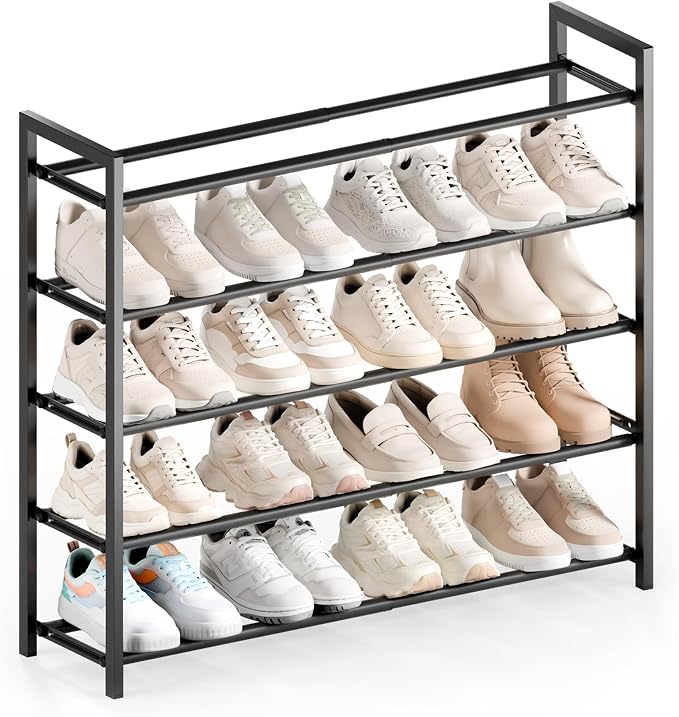 Bumusty 5 Tier Expandable Shoe Rack for Closet, Black | 18"-33" Adjustable Shoe Rack for Entryway, Small Shoe Organizer for Dorm, Front Door, Sturdy Metal