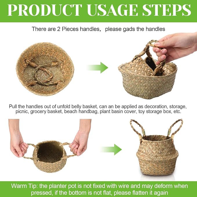 Qunclay 4 Pcs Woven Seagrass Baskets Belly Basket Folding Boho Natural Plant Pot with Handles Round Decorative Wicker Large Indoor Planter for Home Outdoor Tree Planters Decor (Xs,7.9''dx6.3''h)