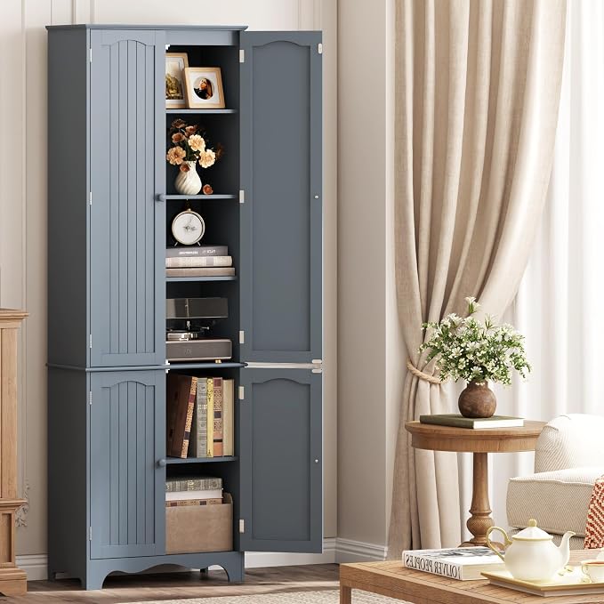 Function Home Tall Pantry Cabinet, Freestanding Storage Cabinet, Wooden Kitchen Pantry with 4 Doors and 5 Shelves, 72" Floor Cabinet Organizer for Kitchen Living Room Bathroom, Grey
