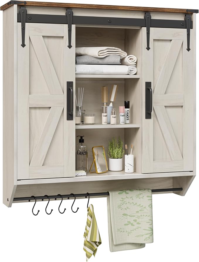 Trironsun Farmhouse Medicine Cabinet 2 Sliding Barn Doors 3 Tier Rustic Wood Wall Storage Cabinet Adjustable Shelf Towel Bar Wall Mounted Bathroom Wall Cabinet (Antique White, 30.71 Inch)