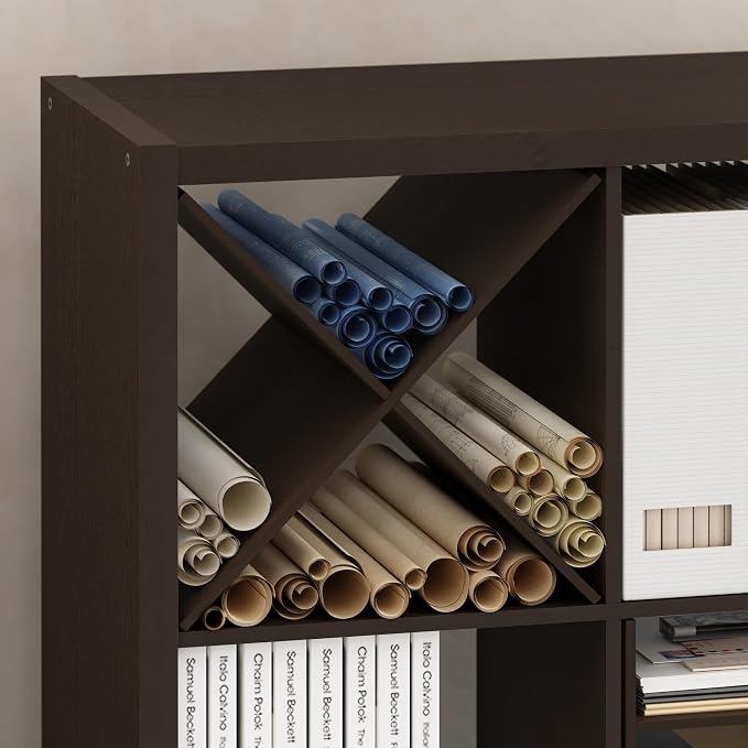 Furinno Cubicle X-Shelf Cube Insert, Cube Organizer, Dark Oak | 13.3W x 13.4H, Fits into Furinno Extra Thick Cubes, for Organizers and Storage (Does not fit IKEA Kallax Shelving)