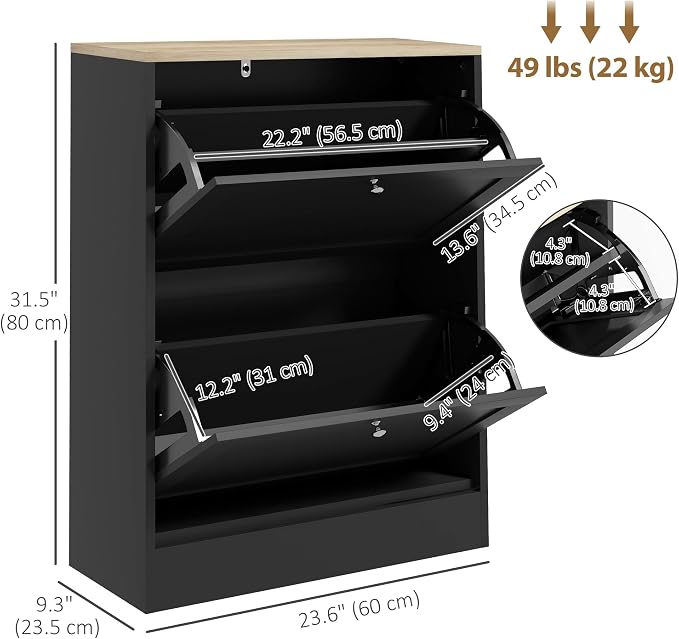 HOMCOM Shoe Cabinet with 2 Flip Drawers, Narrow Slim Shoe Rack, Black | Freestanding, Storage Cabinet, for Entryway, Hallway