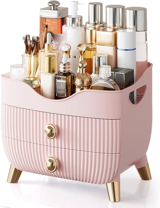 Makeup Organizer Countertop, Large Capacity Skincare Organizer for Vanity | Cosmetics Organizer with Drawes & Handle, Cosmetic Display Cases Storage Box for Dresser, Bathroom, Gifts for Women(Pink)