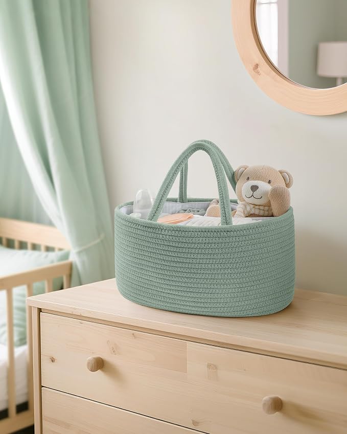 Maliton Diaper Caddy Organizer for Baby, Portable Diaper Storage Organizer for Changing Table and Car, Cotton Rope Nursery Storage Bin Basket for Baby Shower, Newborn Essentials Must Haves - Green