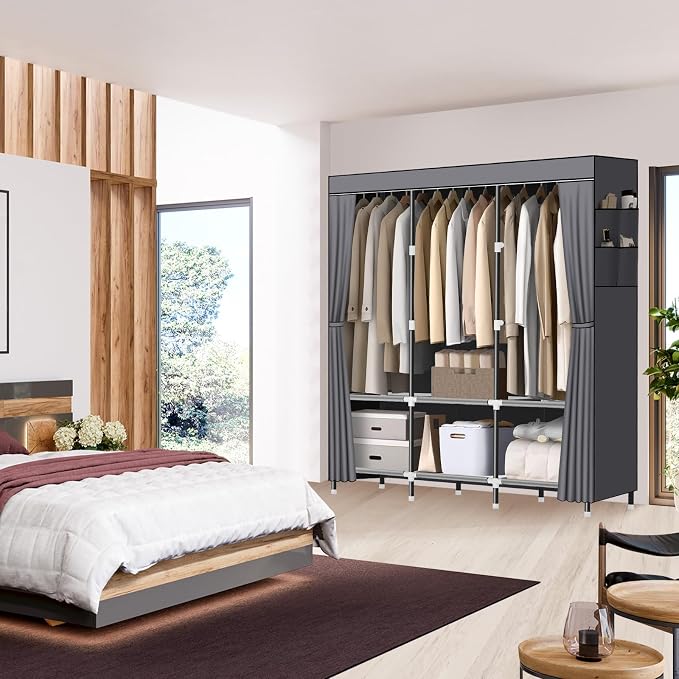 LOKEME Wardrobe Closet,Steel Pipe Diameter 19mm,Portable Closet for Bedroom | Strong and Sturdy Portable Closets for Hanging Clothes with 3 Hanging rods, 6 Storage Shelves and Side Pockets